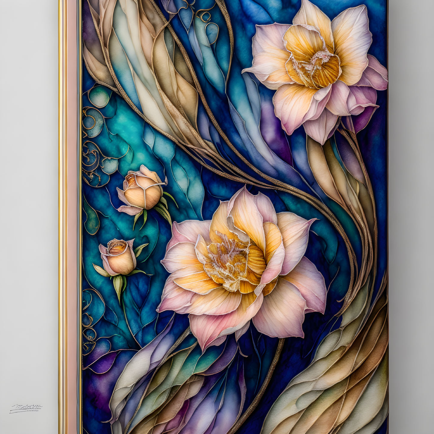 Floral wall art with pink, beige & blue blossoms