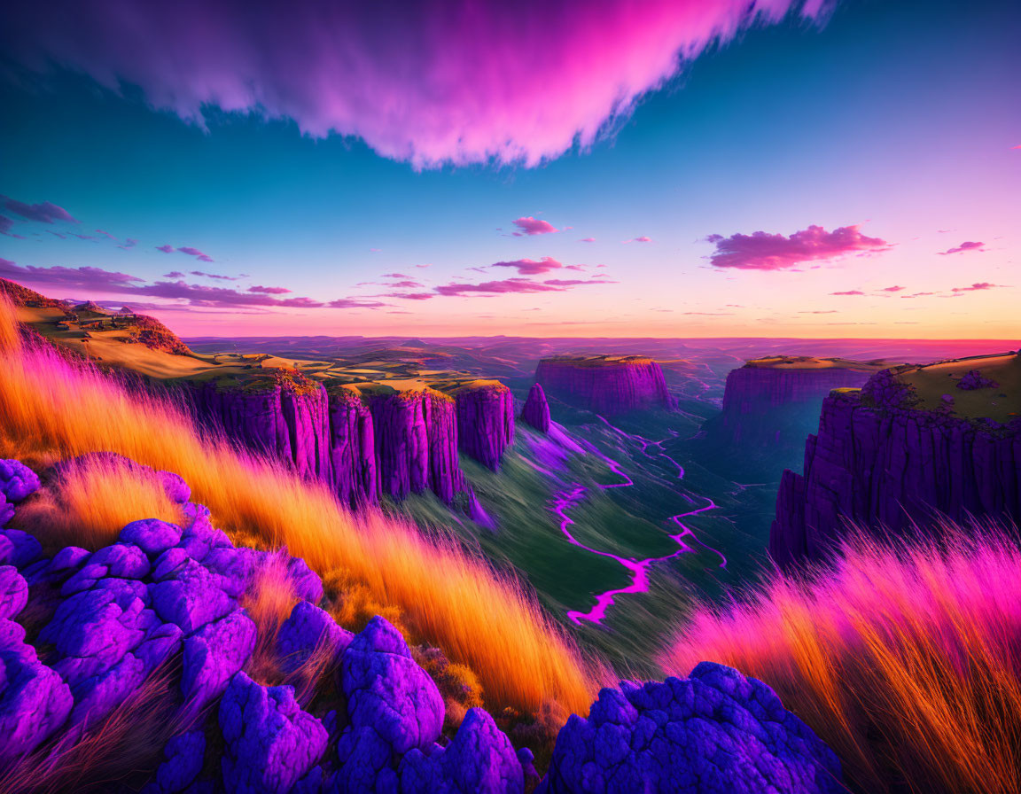 Colorful Sunset Landscape with Cliffs, River, and Flora