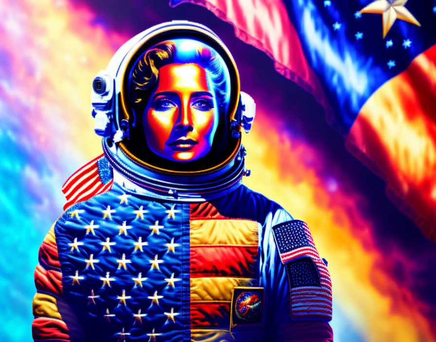 Colorful Astronaut Portrait Against American Flag Backdrop