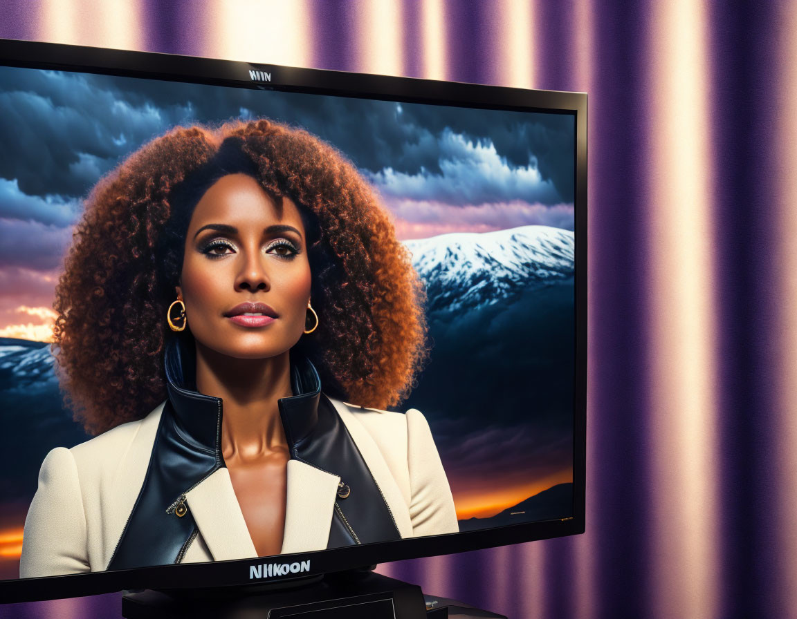 Curly Haired Woman on Screen with Sunset Mountains and Purple Curtains