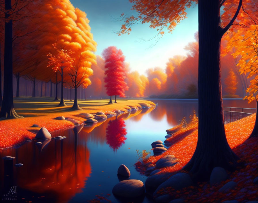 Tranquil autumn river landscape with colorful trees and fallen leaves