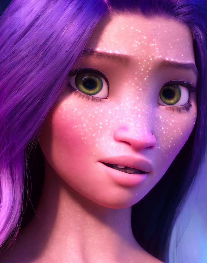 Vibrant 3D animated character with purple hair and green eyes