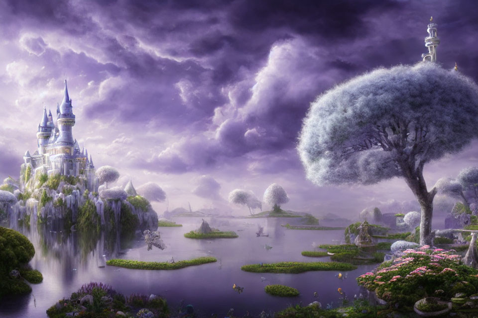 Majestic castle in fantastical landscape with purple sky