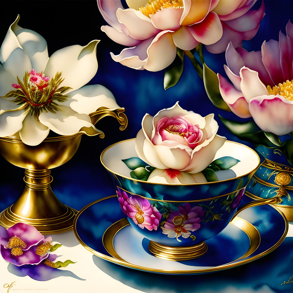 Colorful Teacup Painting with Pink Floral Design and Blooming Flower