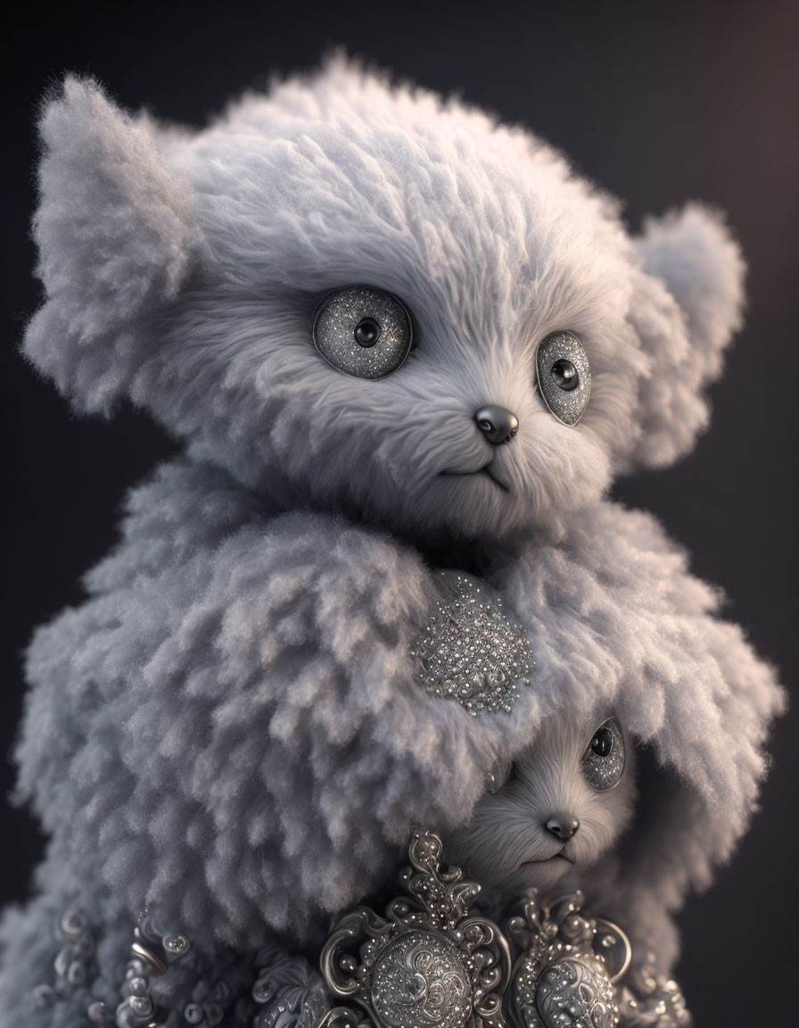 Fluffy fantasy creatures with expressive eyes and silver jewelry.