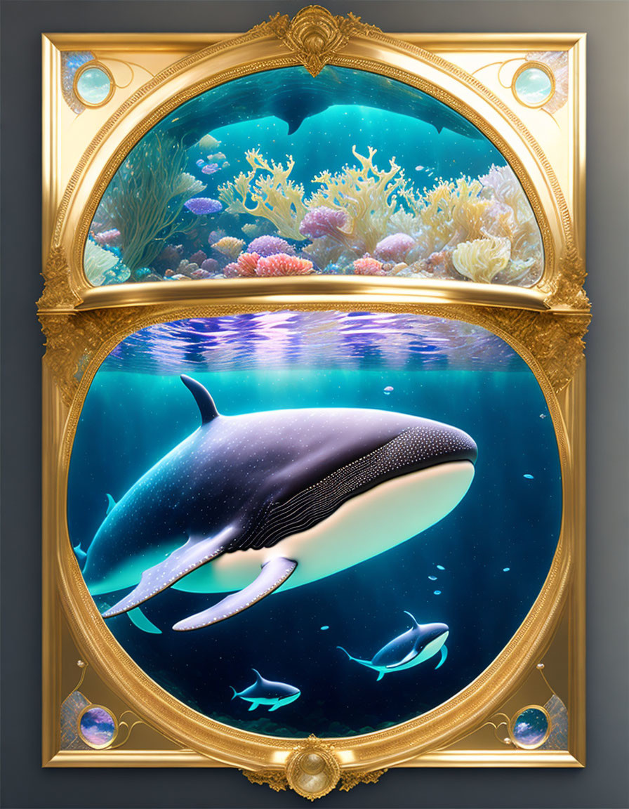 Golden frame digital artwork: Underwater scene with whale, fish, coral reefs