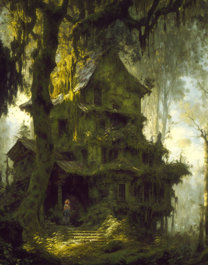 Moss-covered house in misty forest with figure by stairs