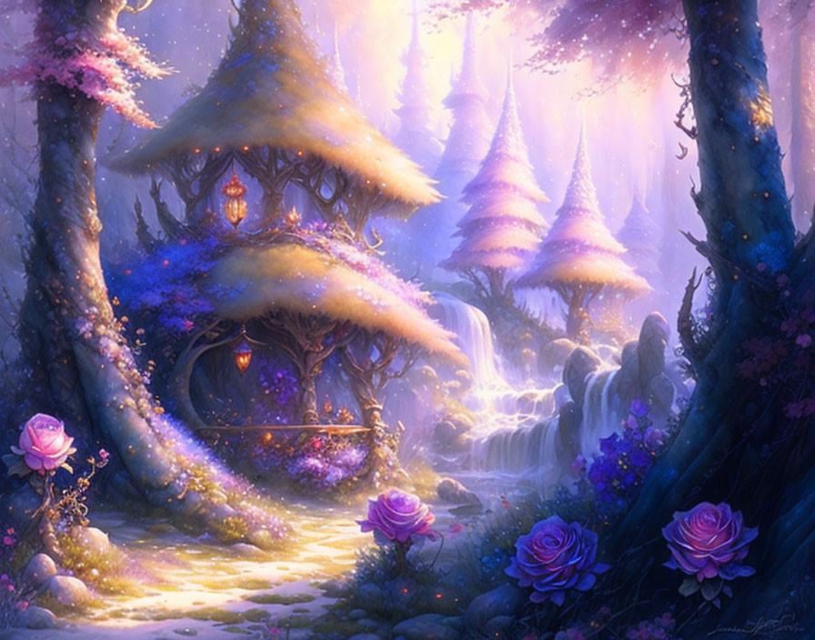 Mystical forest with glowing purple flowers, waterfalls, and whimsical houses