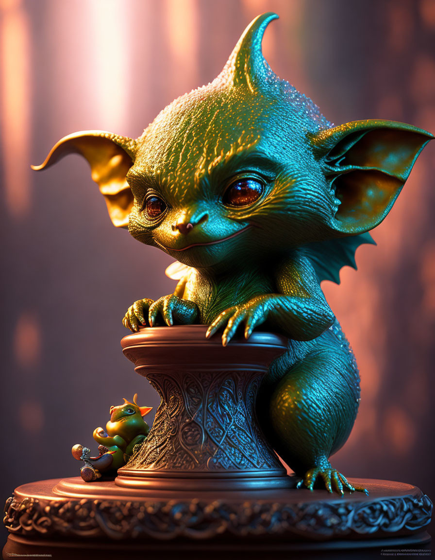 Green fantastical creature with big ears and yellow eyes on pedestal with mini version