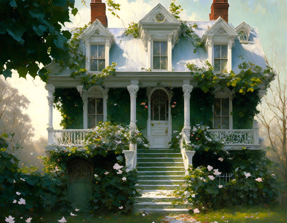 White Victorian House Surrounded by Lush Greenery and Blooming Flowers