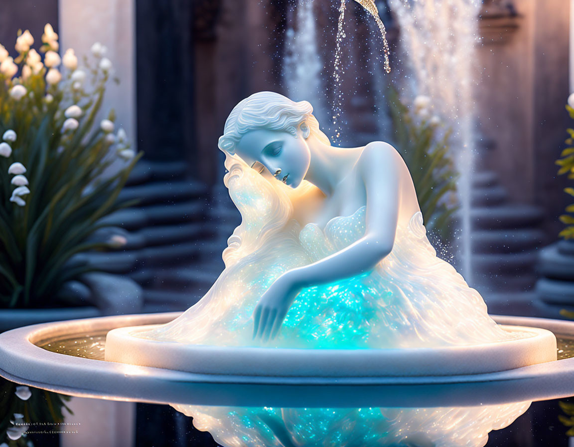 Ethereal sculpture of woman by fountain with cascading water