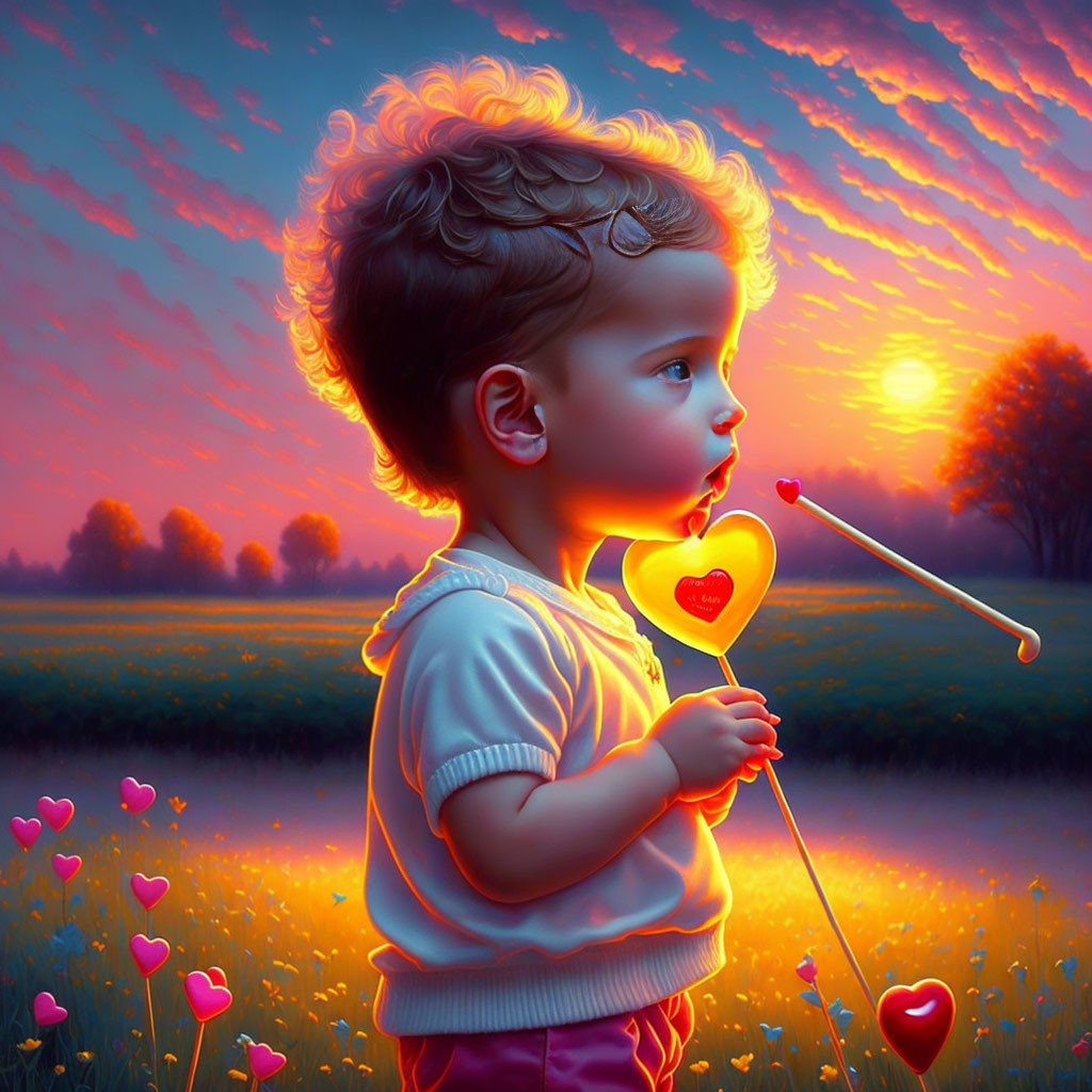 Curly-haired toddler with heart lollipop in flower field at sunset