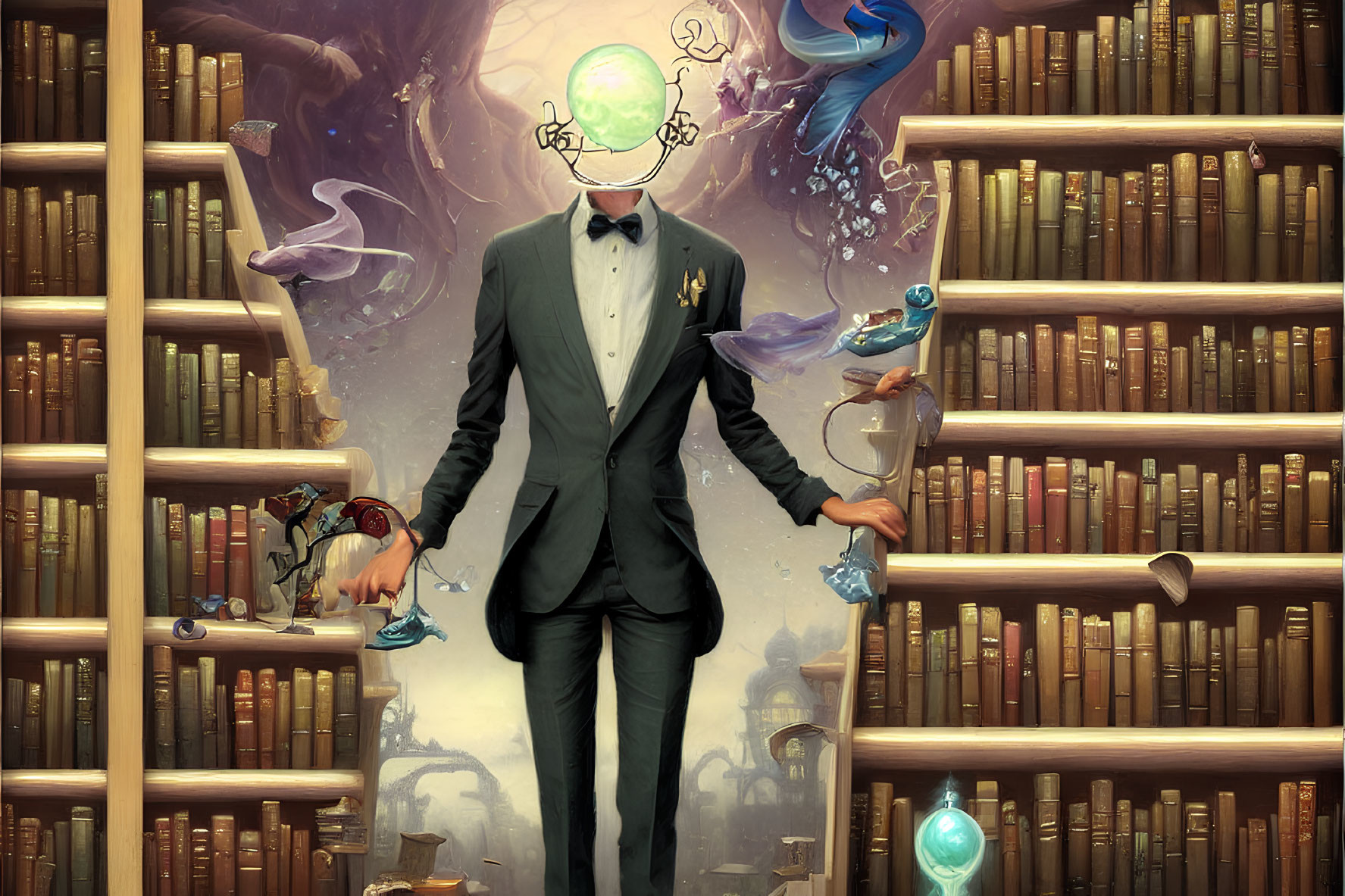 Headless man in suit with mystical items on staircase surrounded by bookshelves