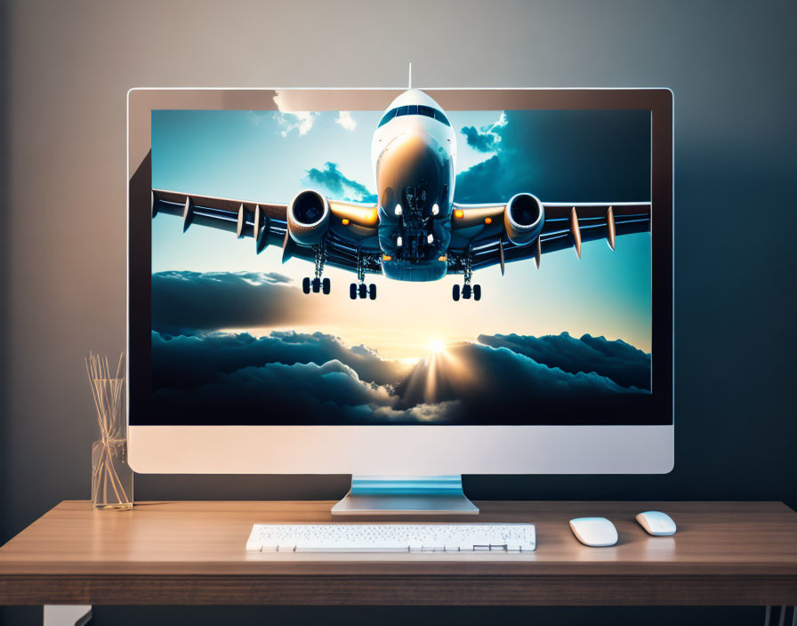 Desktop computer wallpaper of airplane flying towards sunlit clouds.