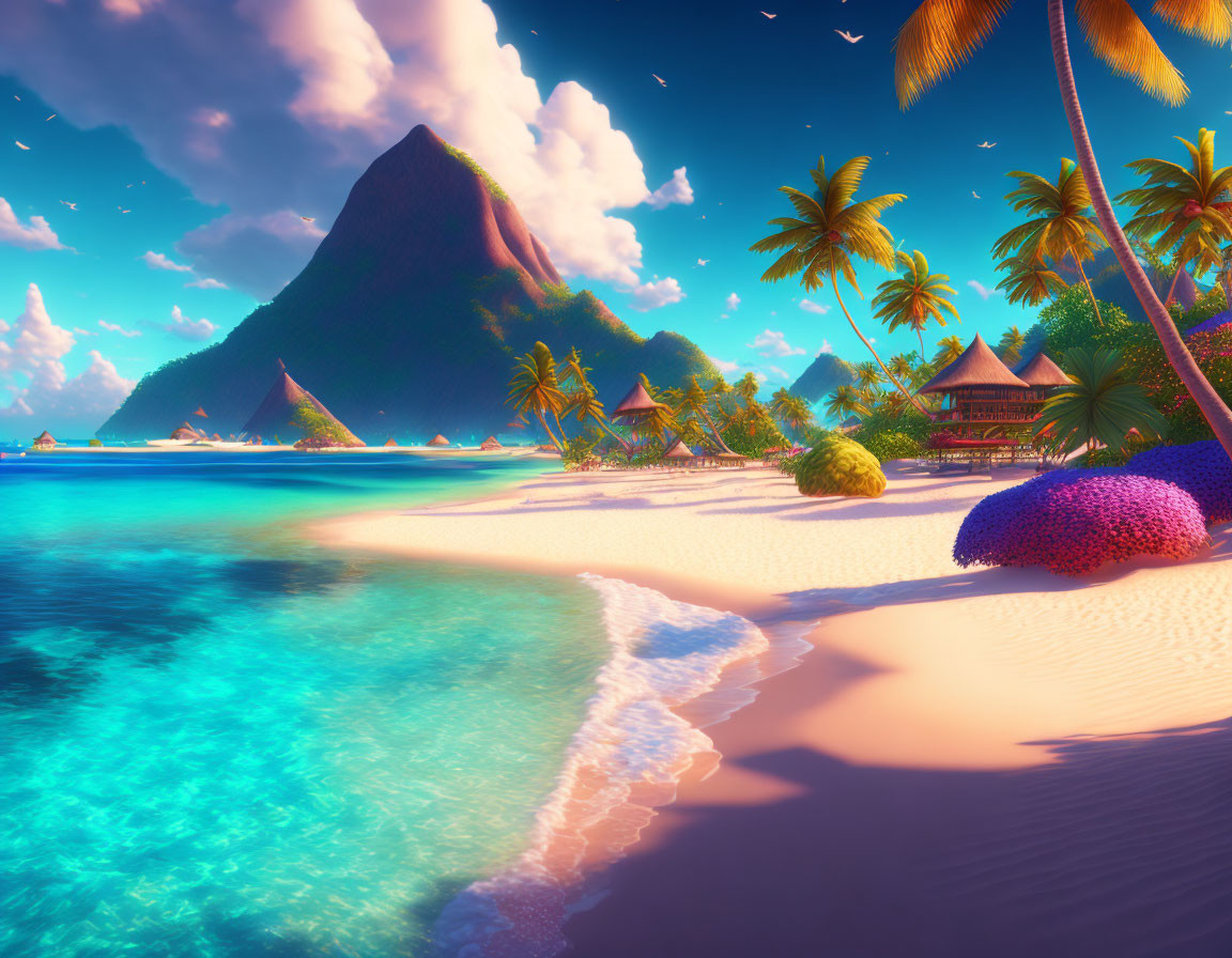 Scenic tropical beach with palm trees, huts, mountain, and vibrant sky