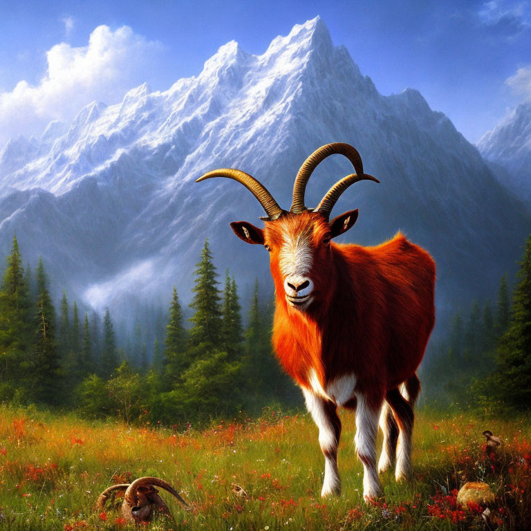 Majestic mountain goat in vibrant alpine meadow with snowy peaks