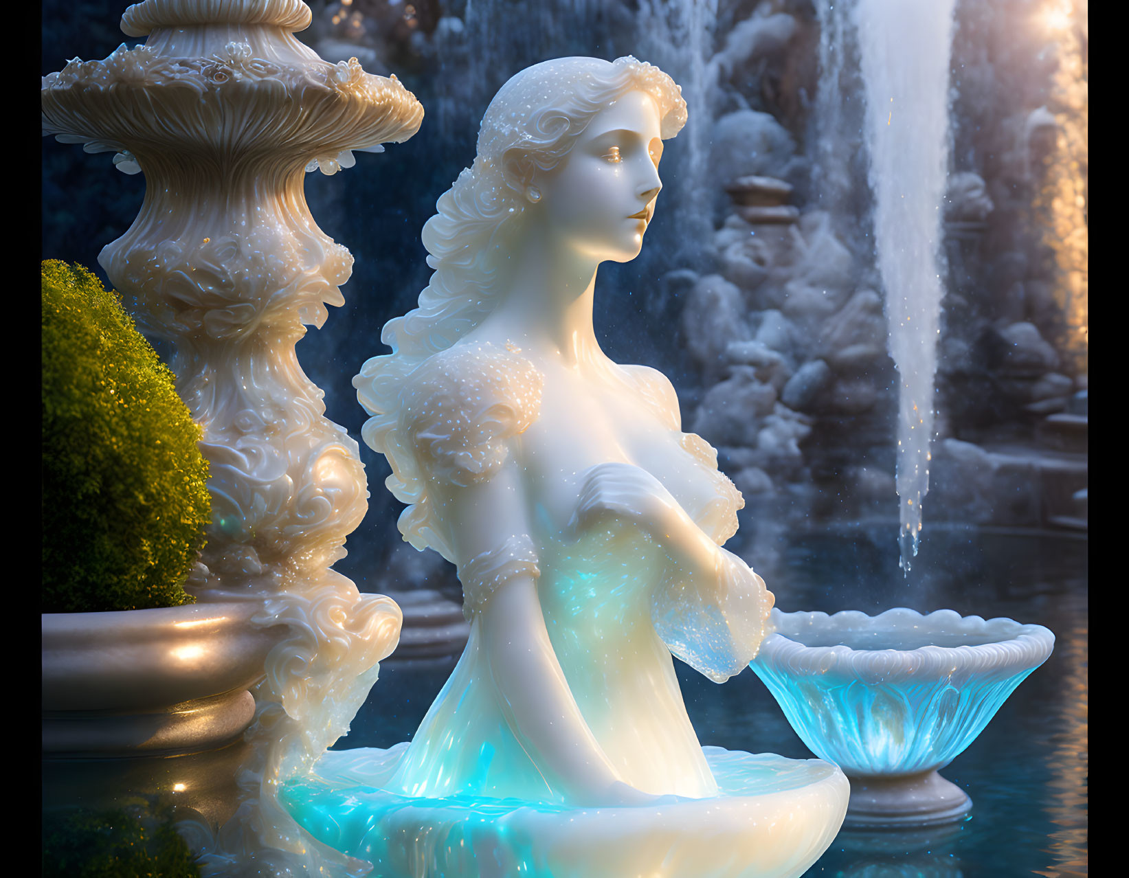 Twilight fountain statue illuminated by ambient lighting