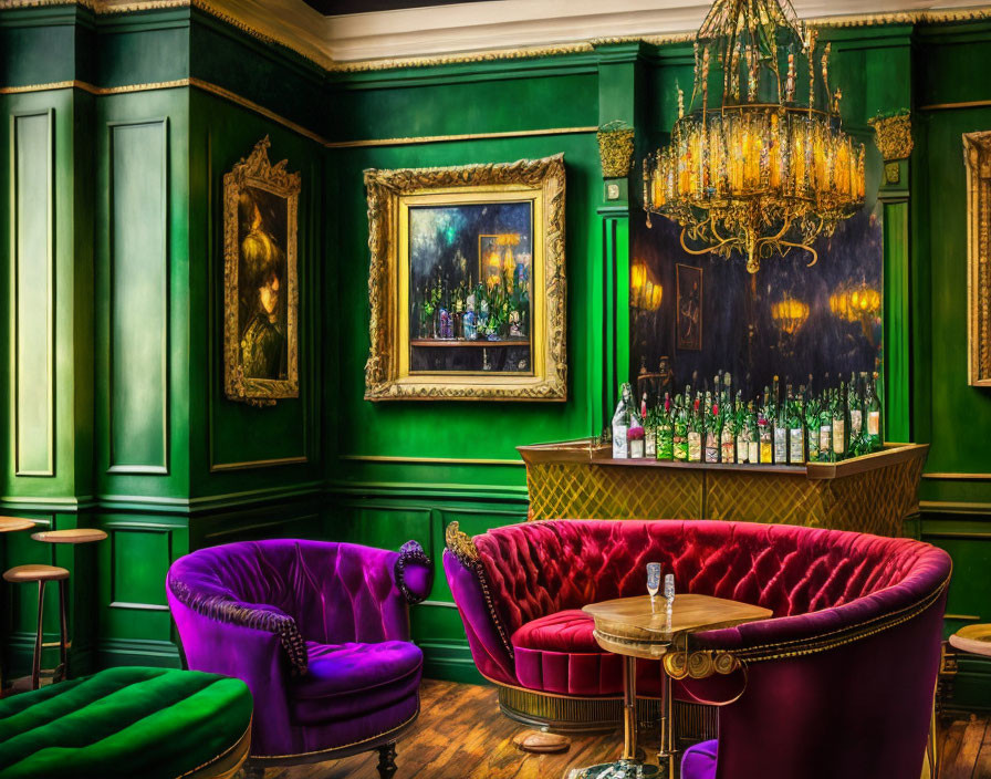 Luxurious Bar Decor with Emerald Green Walls and Plush Velvet Seating