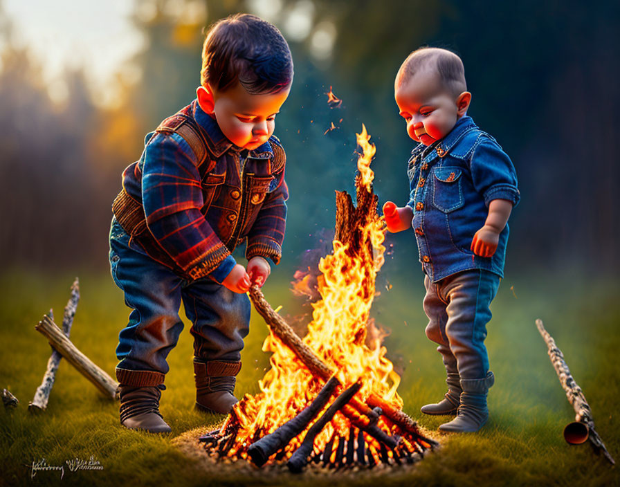 Two toddlers in denim outfits by a campfire in warm outdoor setting