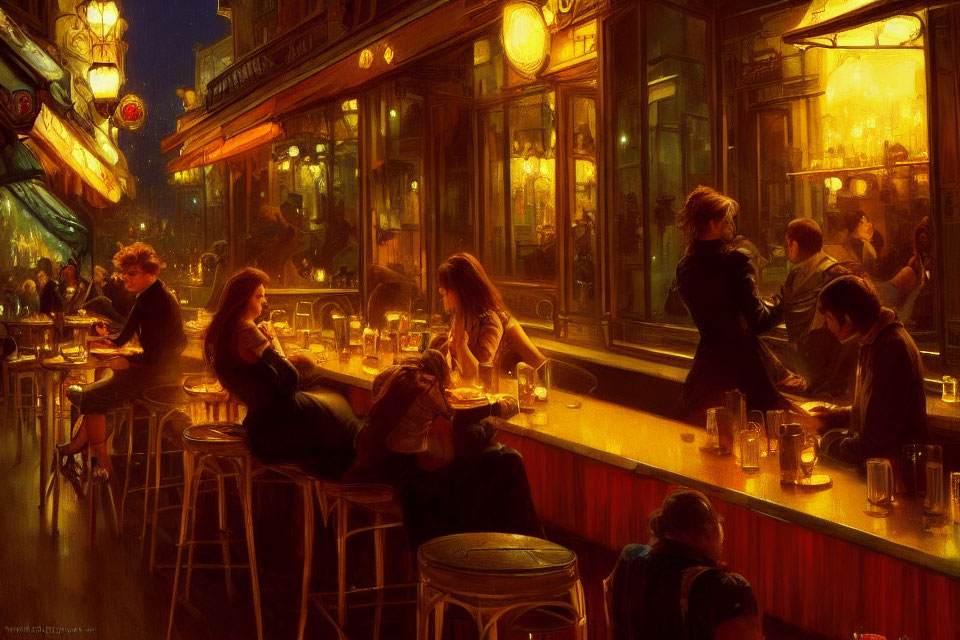 Elegant bar scene with patrons enjoying drinks in warmly lit ambiance