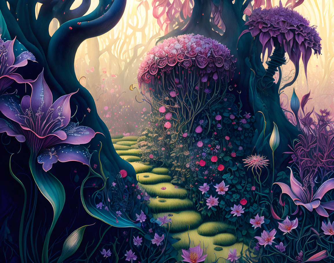 Vibrant forest with oversized purple and pink flora in mystical lighting