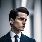 Man in Dark Suit with Slicked-Back Hair Poses Against Architectural Background