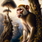 Realistic Adult and Baby Monkey Illustration in Misty Forest