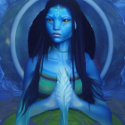 Blue-skinned humanoid surrounded by glowing plants in mystical setting