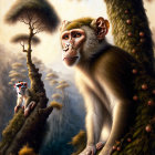 Detailed illustration of monkey with human-like gaze in mystical forest with Asian-style pagodas and smaller monkeys