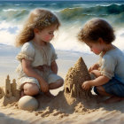 Children building sandcastle on beach with rolling waves and flower crowns