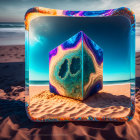 Surreal glowing cube on sandy shore with city skyline in dusky sky