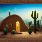 Desert night scene with adobe house and cacti under starry sky