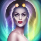 Colorful digital portrait of woman with blue eyes in cosmic setting