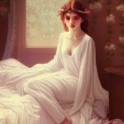 Digital painting of woman with brown hair on bed, draped in white linens, floral background & soft