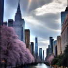 Futuristic cityscape with skyscrapers, pink tree, and water view