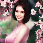 Young woman portrait with serene expression among pink cherry blossoms