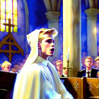 Choir boy singing in church with stained glass windows