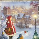 Santa Claus with gift in snowy village scene with lamp post and bird