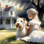 Young girl in white dress with white terrier dog in lush garden scenery