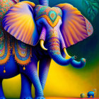 Colorful digital artwork of a blue elephant with ornate patterns on ears and back