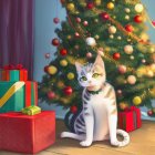 White Cat with Green Eyes Beside Christmas Presents and Tree