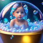 Digital Artwork: Young Child in Golden Bowl with Iridescent Bubbles on Dark Blue Background