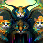 Vibrant digital art featuring three cats with intricate patterns and mystical aura
