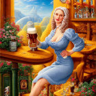 Smiling woman in German attire with beer, clocks, mountain landscape