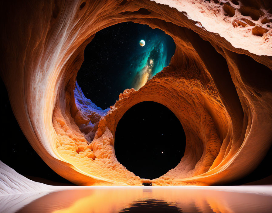 Majestic night sky through rocky cave over serene water