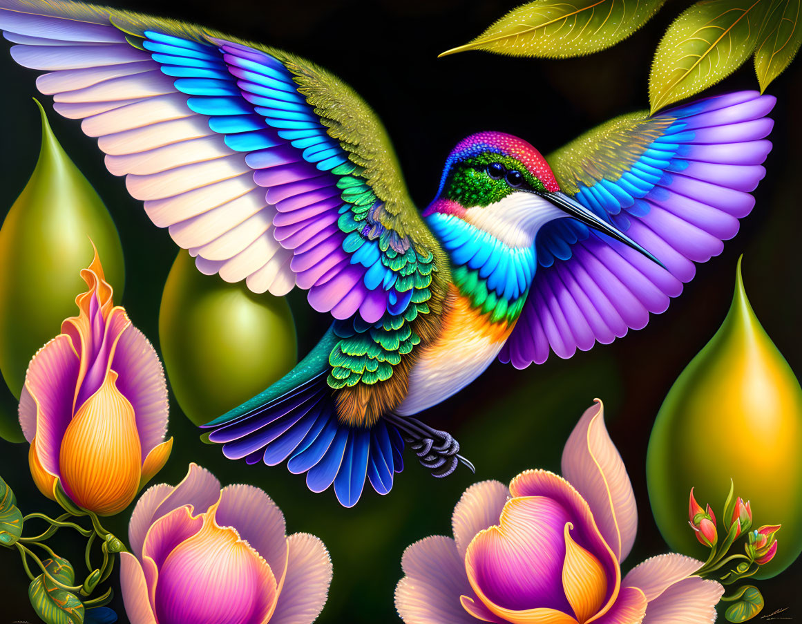 Colorful Hummingbird Artwork Among Pink and Yellow Flowers