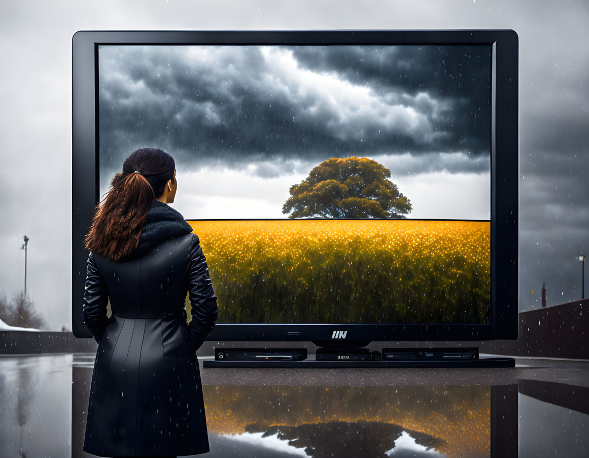 Woman standing before vibrant tree on large screen