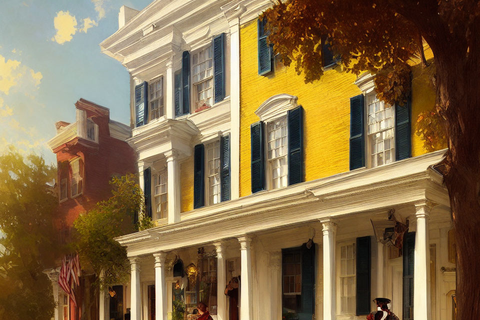 Vibrant yellow colonial house with American flag on picturesque street