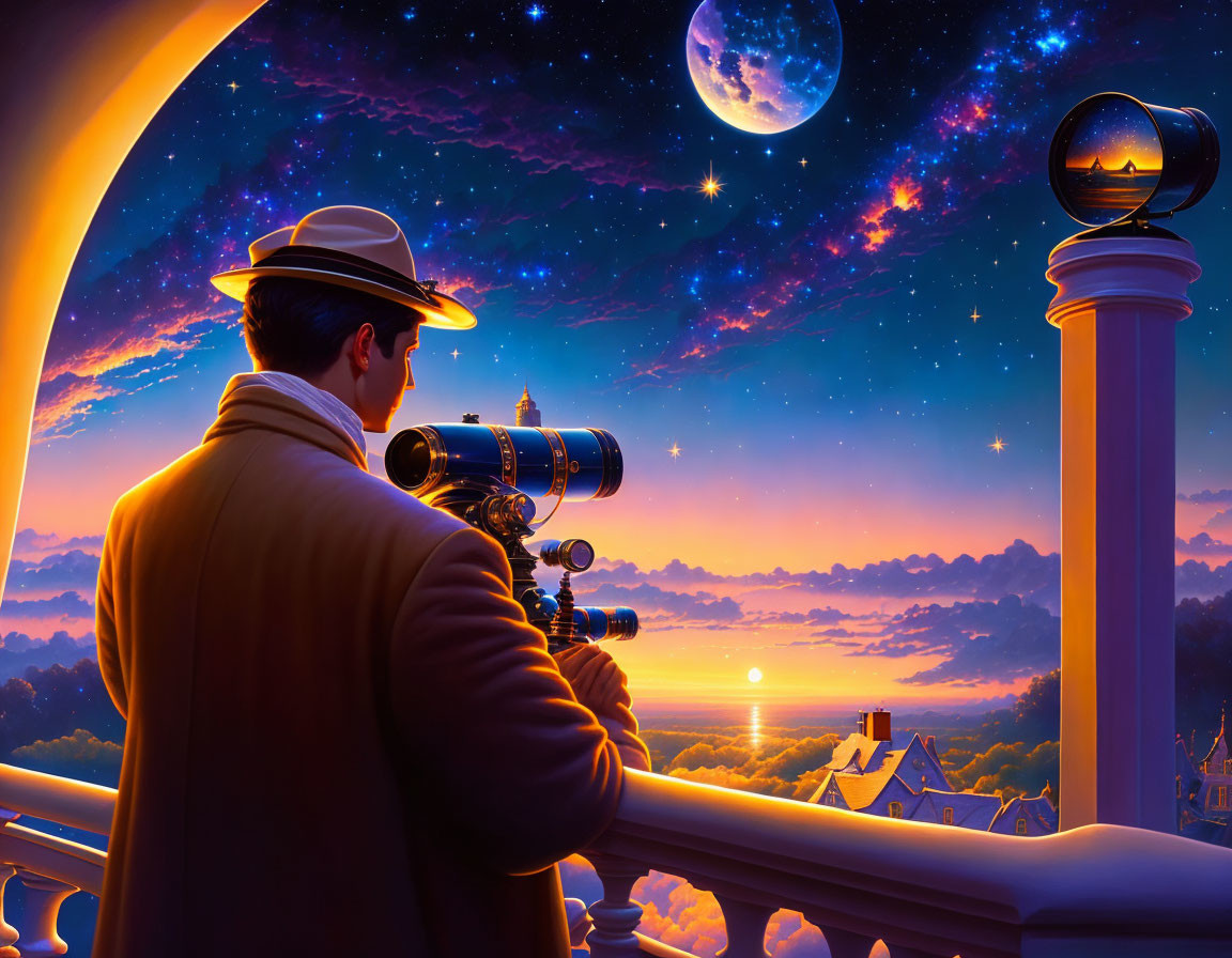 Man in fedora gazes through telescope at twilight sky with stars, moon, and sunset over town