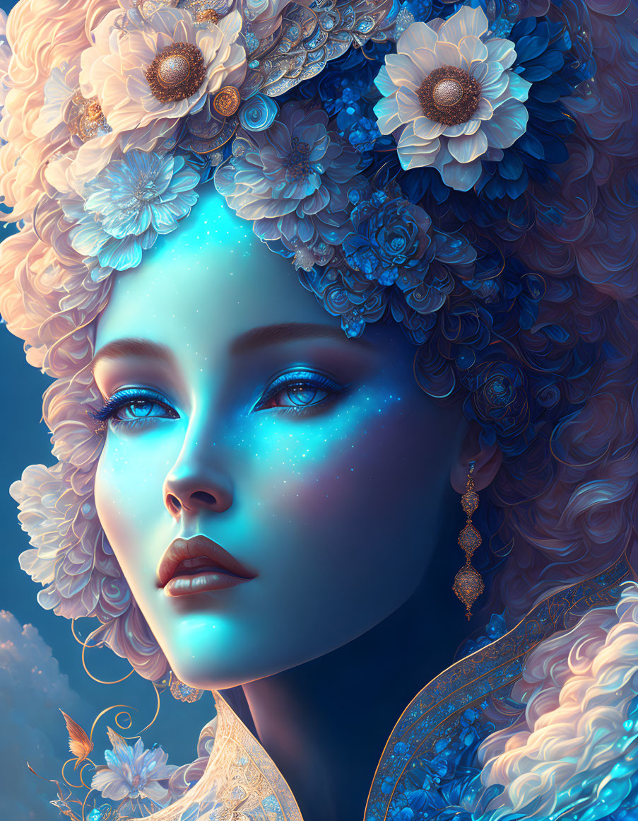 Digital artwork: Woman with blue skin, floral headpieces, star-like freckles.